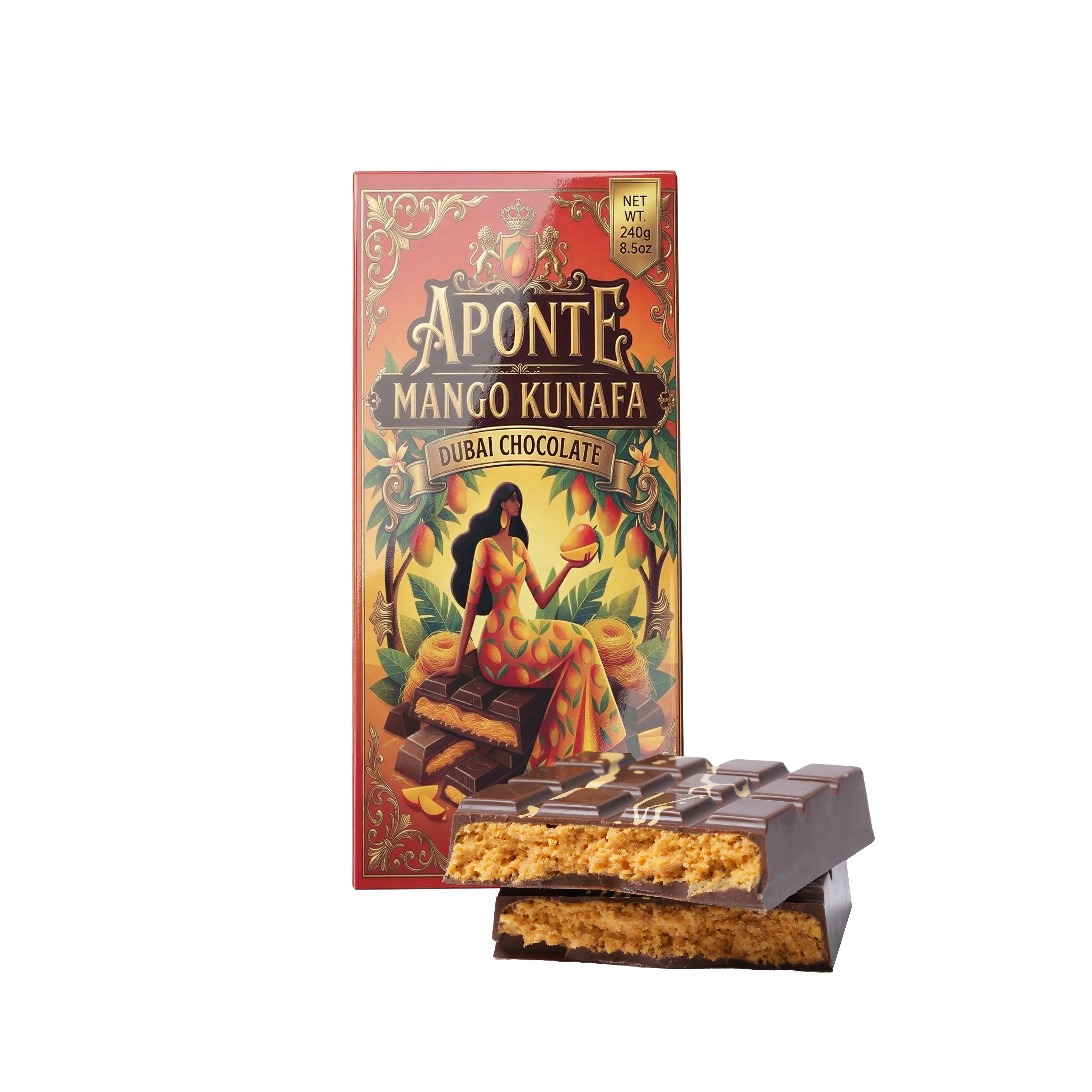 APONTE Mango Kunafa Dubai Chocolate Bar - Premium Middle Eastern Dessert Chocolate with Real Mango Cream & Crispy Kataifi Pastry - Luxury Gourmet Gift Box 8.5oz (240g)