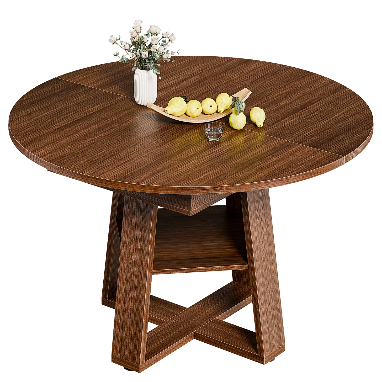 Extendable Round Dining Table for 4-6, Modern Kitchen Oval Dinner Table with Storage Shelf, Wood Pedestal Table, Space Saving Modern Style