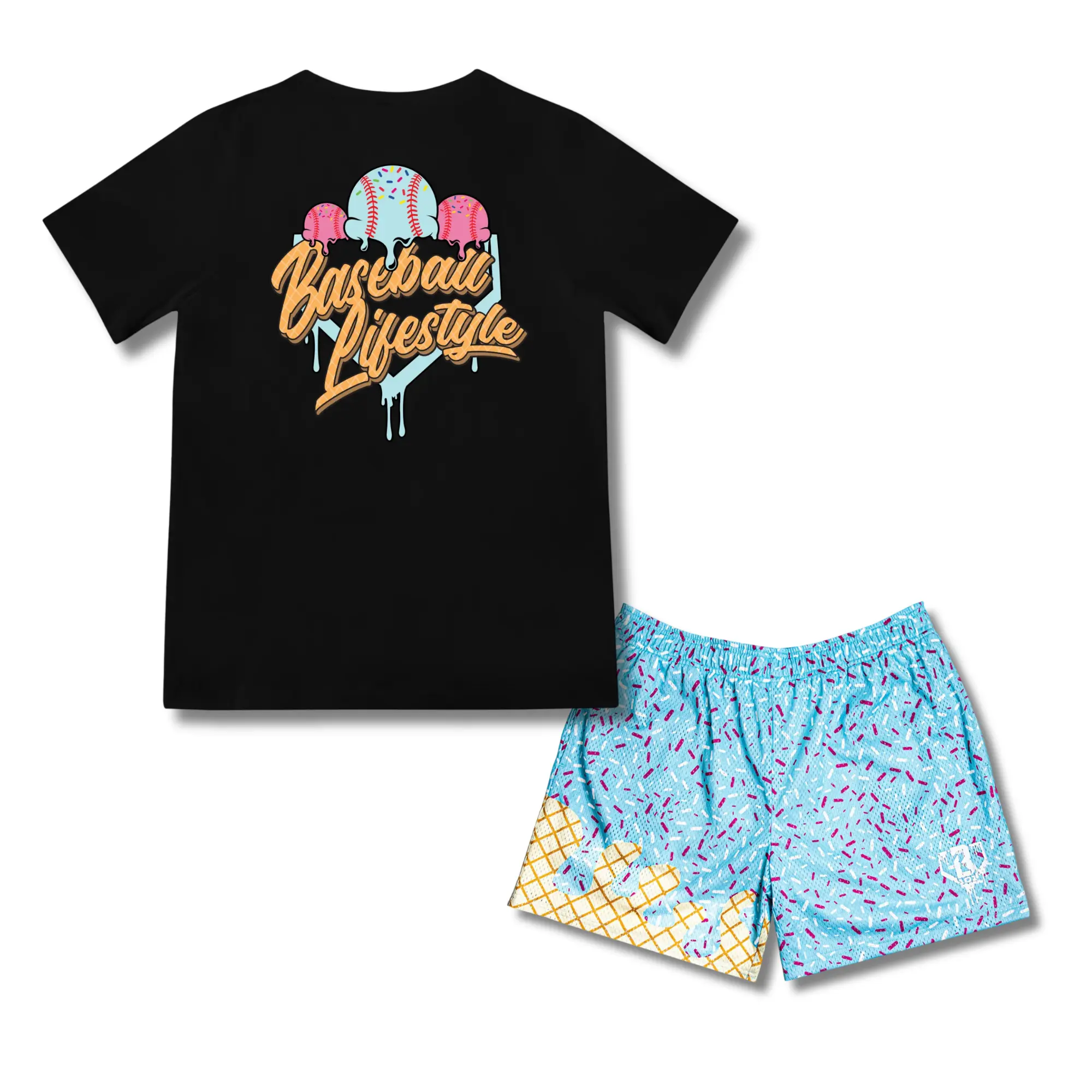 Baseball Lifestyle 101 Ice Cream Baseball Tee & Mesh Shorts Set | Summer Athletic Outfit for Youth & Adults