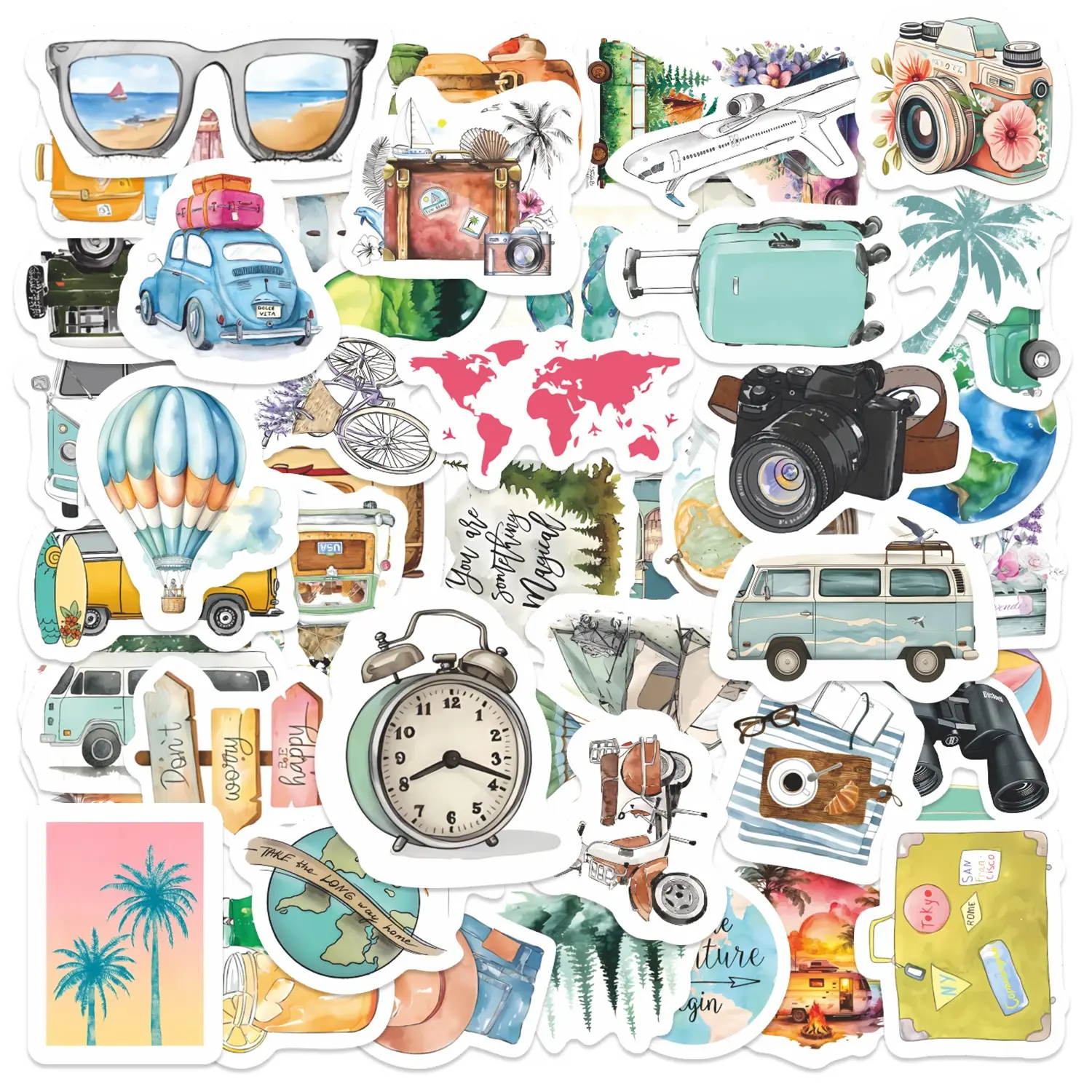 52pcs Vintage Travel Watercolor Aesthetic Stickers Pack, Waterproof Adventure Luggage Laptop Decals for Suitcase, Water Bottle, Journal, Scrapbook & Scrapbook Accessories, Travel Lover Gift