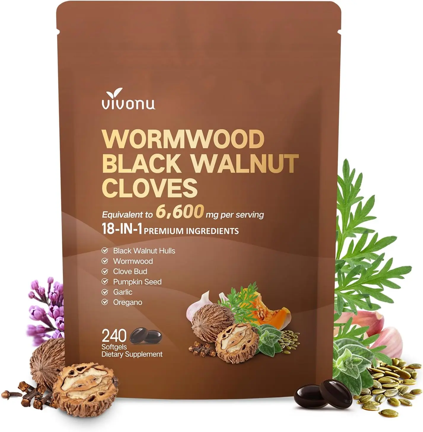 VivoNu Black Walnut Wormwood Clove Capsules, Cleanse, Detox, Intestinal Guard Supplement for Humans, 18-in-1 Herbal Blend with Pumpkin Seed, Garlic, Berberine, Cinnamon & More 240 Softgels