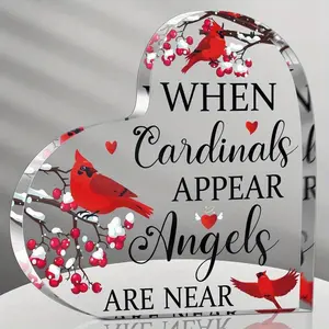 Heart-Shaped Acrylic Elegant Red Cardinal Memorial Gift - "When Cardinals Appear Angels Are Near" Message, Adorned with Red Hearts & Berries - Thoughtful Bereavement Sympathy Gift for Loss of Loved One, Ideal Christmas Table Centerpiece