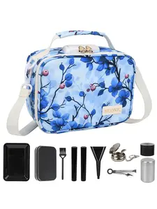 Floral Pint Smell Proof Bag with 9 Small Accessories, Water-Resistant Cosmetic Organizer Box Case For Home and Travel, Travel Cosmetic Bags, Medicine Bag with Combination Lock, Great Gift for Friend (Blue)