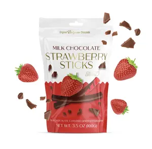 Belgian Chocolate Covered Strawberry Sticks - Milk Or Dark Chocolate Gourmet Covered Dried Fruit, 3.5 oz Resealable Pouch, Non-GMO, Perfect Treat for Chocolate Lovers (Dark Chocolate, Strawberry)