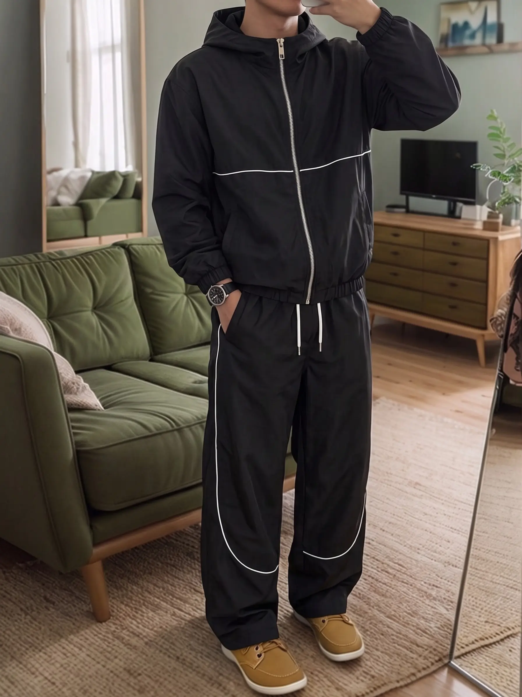 Men’s casual athletic set: hooded zip jacket + sports pants | Trendy streetwear outfit