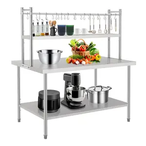 [fathers day gift]Heavy Duty Stainless Steel Commercial Food Prep Work Table with Overshelves & Hooks – Durable Metal Kitchen Island for Restaurant, Home, Hotel Storage and Organization