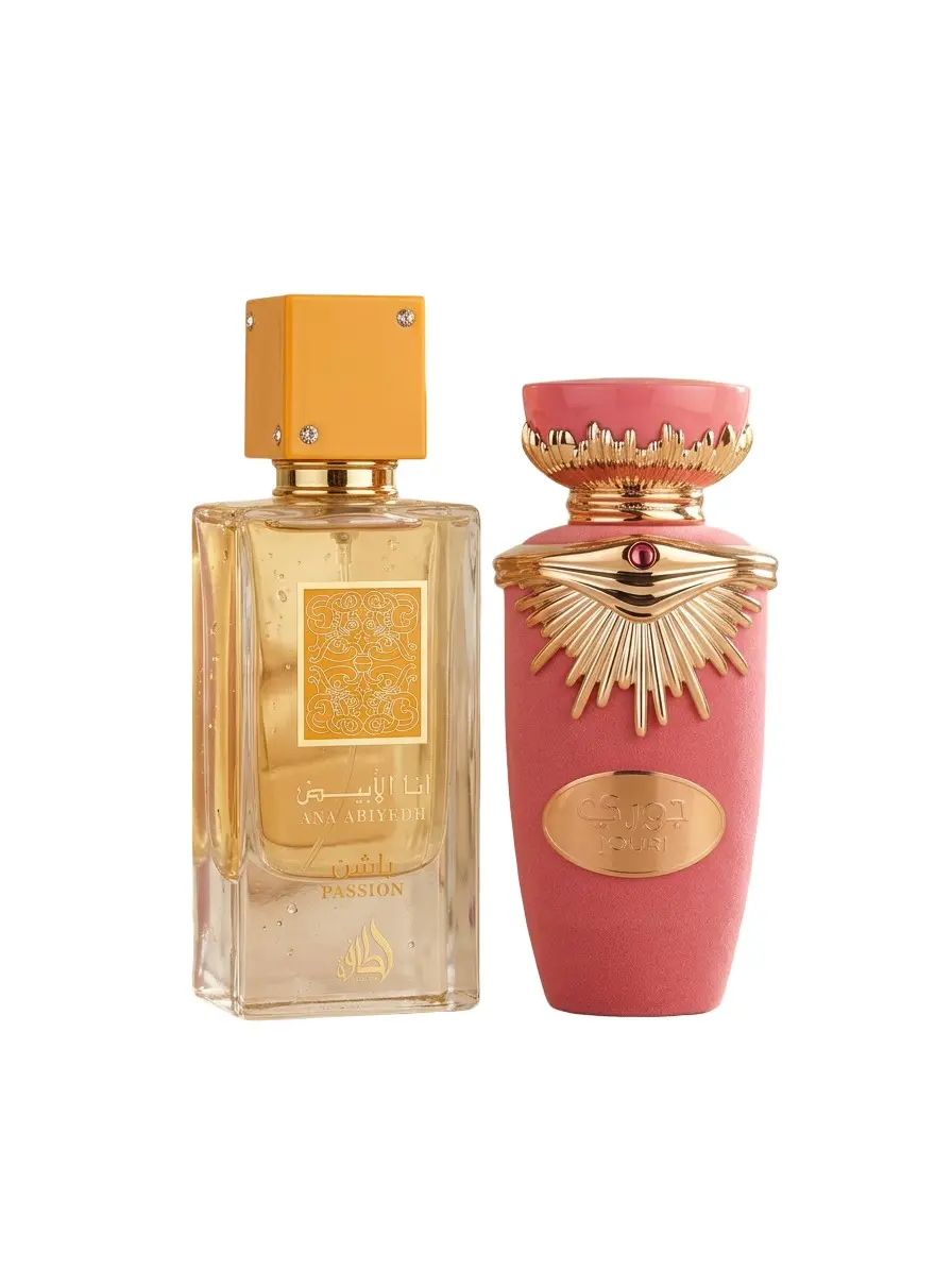Lattafa - Ana Abiyedh Passion + Jouri Eau De Parfum Bundle – Sweet Creamy Vanilla, Fruity Floral & Soft Musky Luxury Unisex Fragrance Set | Long-Lasting Gourmand Perfume Duo with Addictive Elegant Scents | 60ml (2.0 oz) + 100ml (3.4 oz)