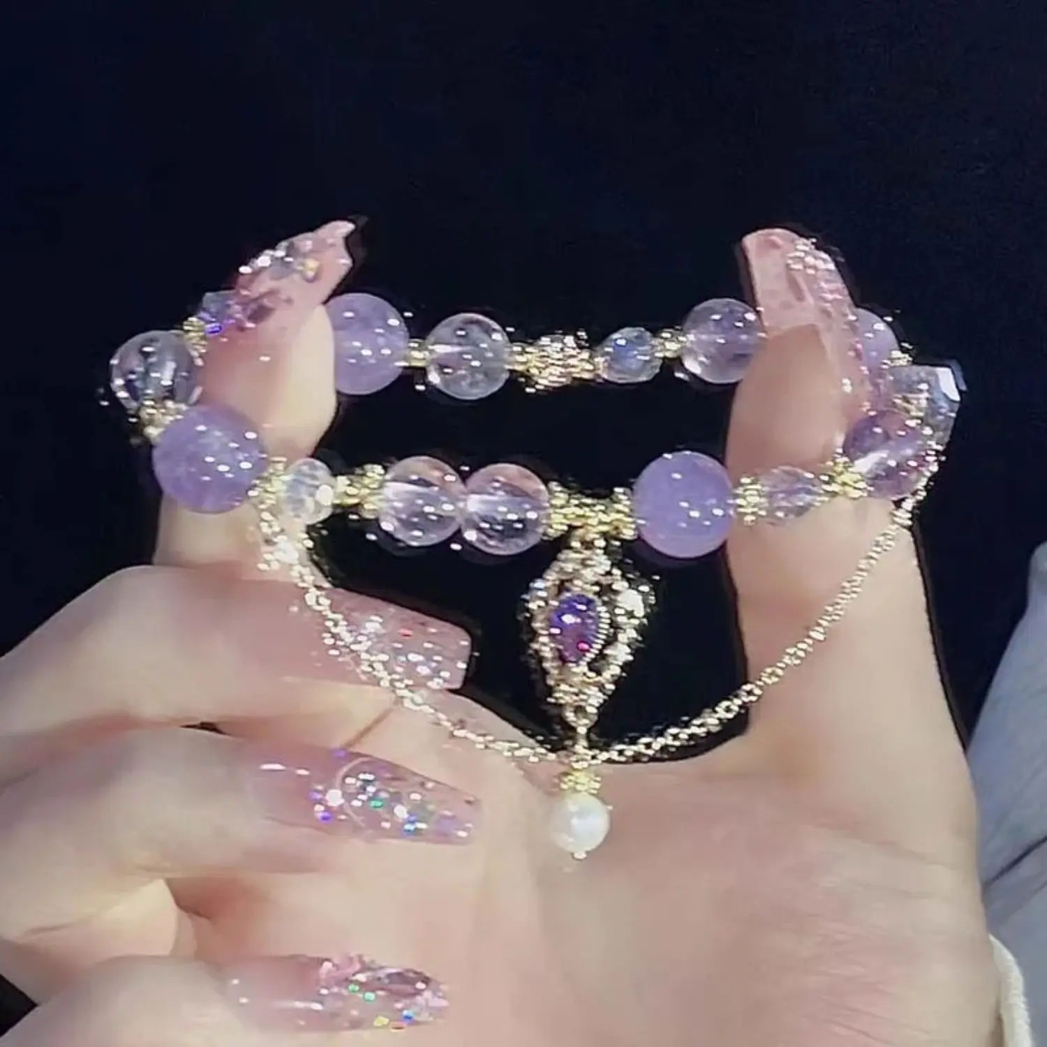 Women's Light Luxury Stackable Purple Glass Bead Bracelet Set with Crystal Accents, Chic Butterfly Tassel Pendant Wrist Costume Jewelry, Stackable Bracelets, Beaded Bracelet Set