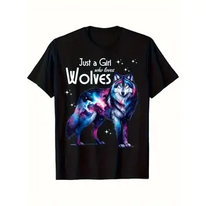 Just a Who Loves Wolves Graphic T-Shirt |   100% Relaxed Fit Unisex Tee with Galaxy Wolf Print, Black Casual Shirt for Women & Men (S-XXXL), All-season, Crew Neck, Slight Stretch Fabric, Washable, Cosmic Design, 2025 Summer Short-Sleeved Printed T-shi