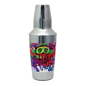 Designer 16oz Steel Cocktail Shaker Set - 3-Piece Bar Utensils with Painted Skull and Strainer