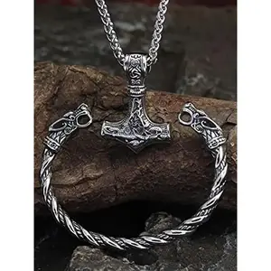 Vintage Viking Wolf Head Design Bangle & Hammer Pendant Necklace Set, New Trendy Matching Jewelry Set for Gift, Men’s Jewelry, Hip Hop Punk Classic Fashion Accessories