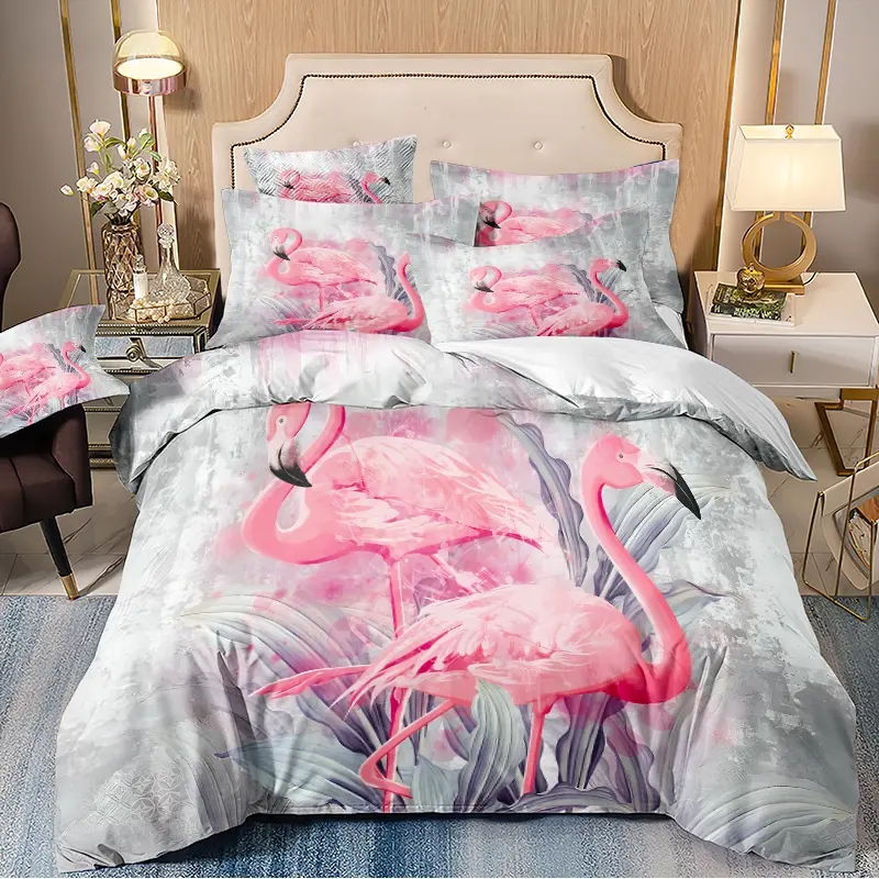 Three piece down duvet cover with light gray as the base color, paired with pink flamingo, breathable bedding set, suitable for home decoration in bedrooms and guest rooms (1 * down duvet cover 2 * pillowcase, without duvet core)