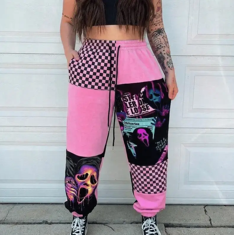 Pink Ghostface Horror Sweatpants, Neon Scream Graphic Checkerboard Patchwork Joggers