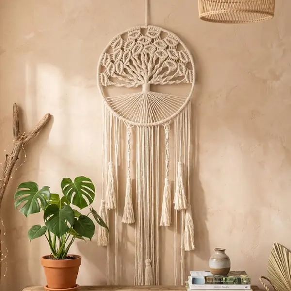Hand-Made Boho Macrame Tree of Life Dreamcatcher Wall Hanging - White Cotton Linen Tapestry with Tassels, Knot Detailing, Lightweight Native American Style Home Decor, Wooden Nail Push Button Mount for Bedroom, Entryway Gift for Her