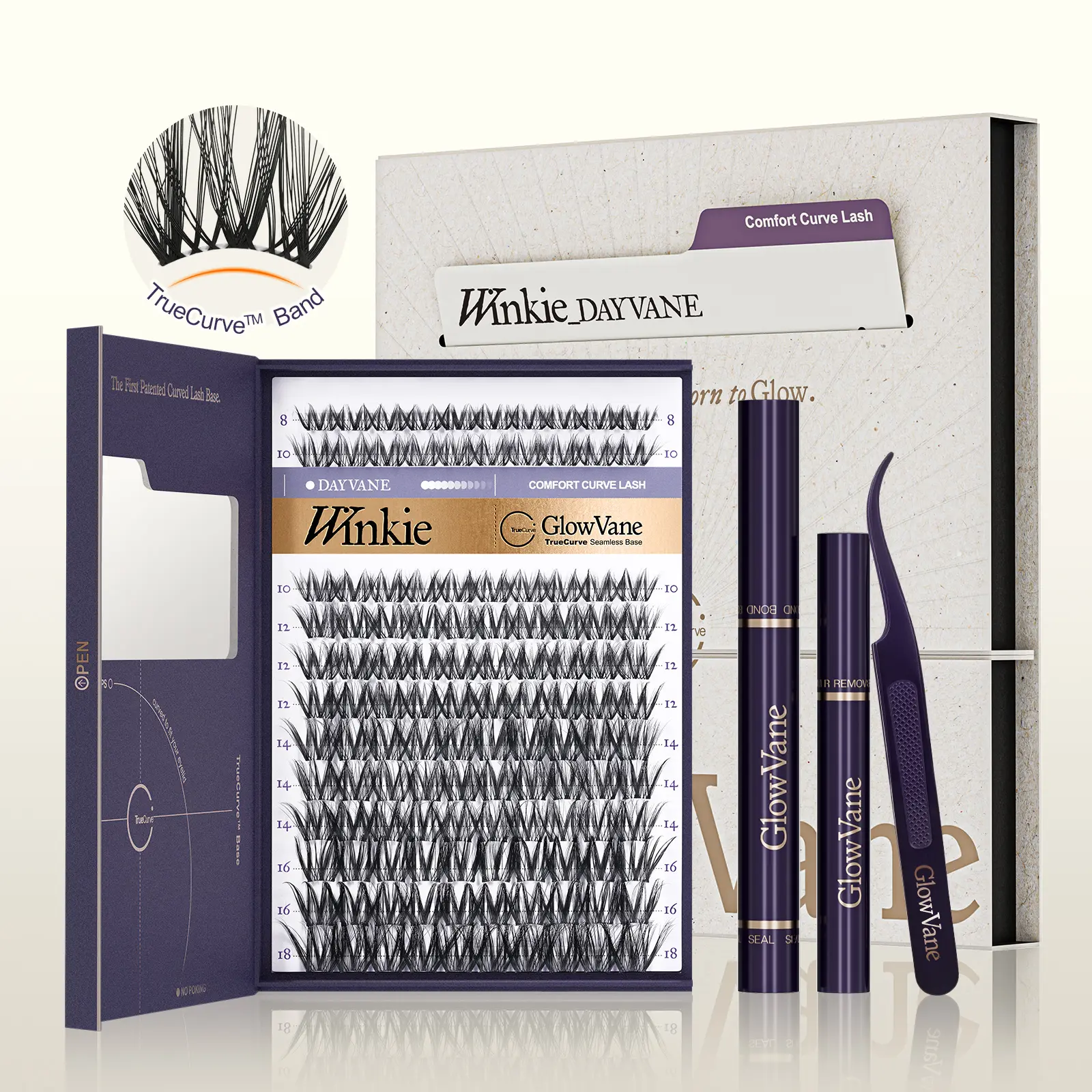 GlowVane TrueCurve Eyelash Clusters Kit | 0.03mm Curved Band Soft Fluffy 8-18mm DD Curl DIY Lash Extensions for Beginners Seamless Eye Fit Zero Strain (FS1)