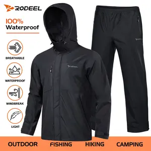 【RODEEL】719 Waterproof Jacket and Pants Set Men Rainproof Lightweight Breathable Full Zip Hooded Rain Coat Durable Rain Suit Weatherproof Rainwear Windbreaker Workwear For Outdoor Walking Hiking Camping Fishing Boating Construction Roofing Landscaping