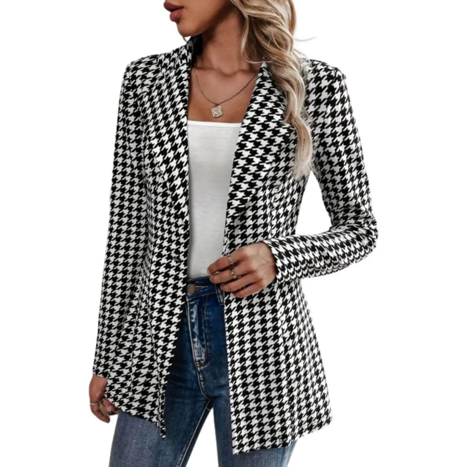 Women's Houndstooth Open Front Lapel Blazers Casual Long Sleeve Single Button Notched Lapel Work Business Blazer Slim Houndstooth Pattern Lapel Collar Office Jacket Coat