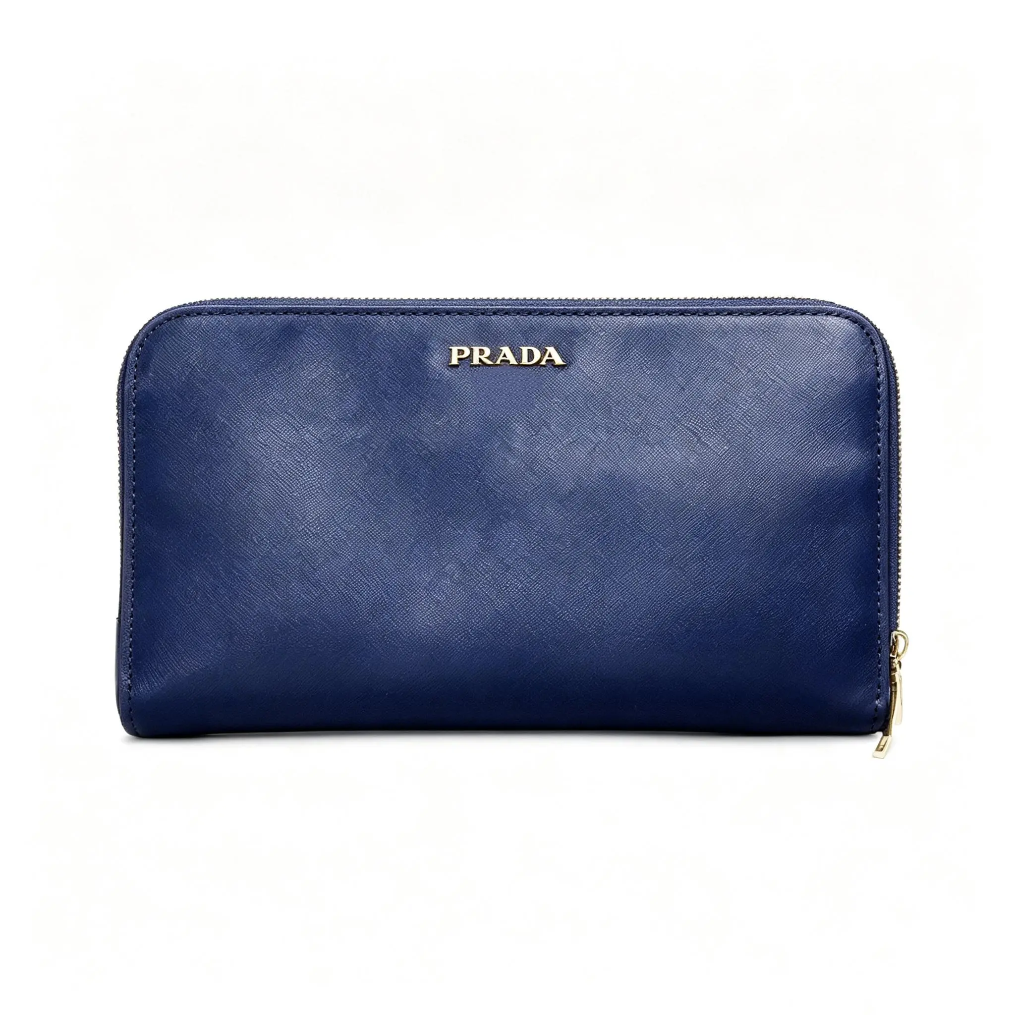 Pre-owned PRADA . Small Leather Goods Blue Saffiano Leather Zip Around Long Wallet