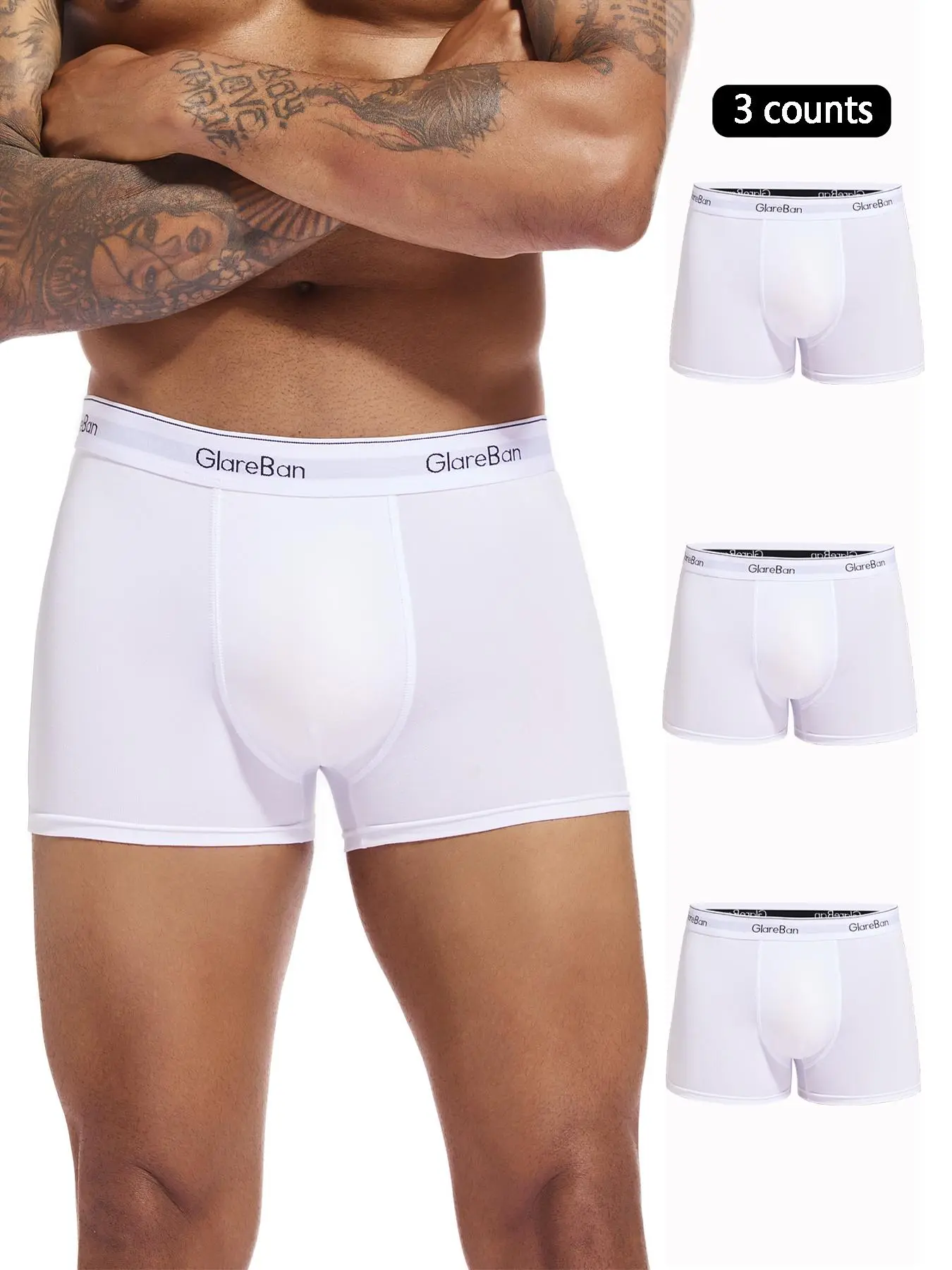 3pieces Pack White Boxer Shorts Men Polyester Underwear Breathable Male Underpants for Men Homme Boxershorts Slips Soft Briefs Elastic Boxer Briefs Daily Casual Underwear
