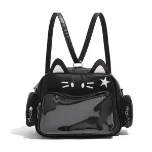 Girls' Cute PU Leather Cat Ita Backpack Bag, Clear Window Pin Display Y2K Preppy Bag for School, Anime & Daily Use
