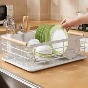 Rust-Proof Metal Dish Drying Rack, Dish Drying Organiser, with Detachable Drain Tray & Wooden Handles, Large Capacity Kitchen Organizer, Kitchen Utensils Holder for Plates, Bowls, Utensils, Ideal for Small Kitchens, Apartments, Spring Cleaning & Daily Use
