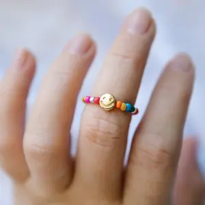 Rainbow & gold smiley face beaded ring