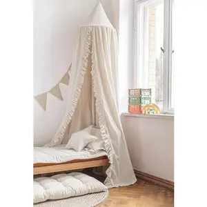 Bed Canopy with Frills Reading Nook Game Tent for Kids Boho Hanging Net Play Room Decor(Beige)