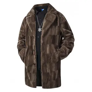 Men's Long Fur Coat with Lapel Collar, Fashionable Casual Business Party Imitation Leather Jacket, Warm Soft Winter Outerwear