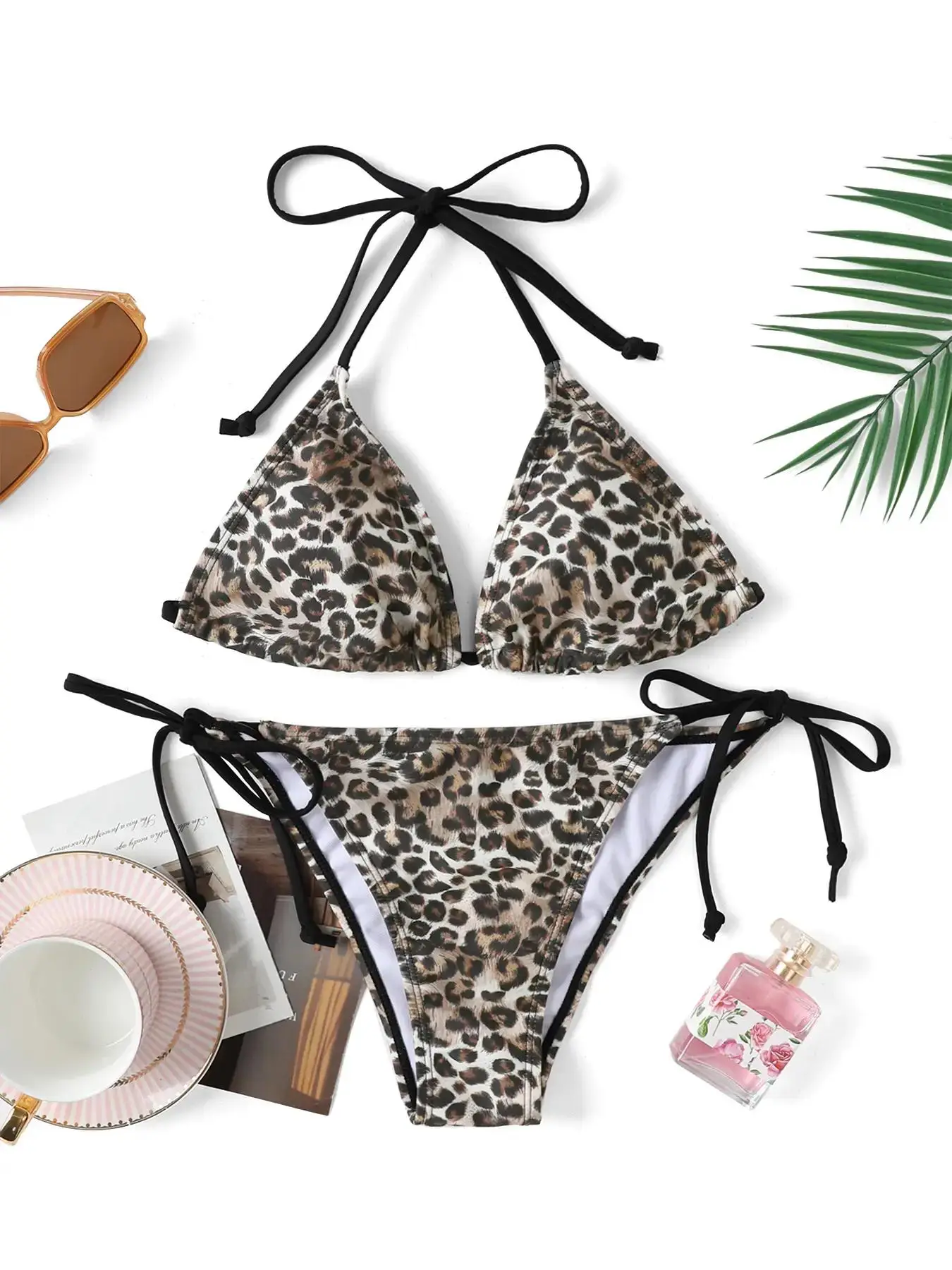 Women's Leopard Print Bikini Set, Sexy Casual Halter Tie Back Triangle Bikini Bra & Tie Side Swim Thong Bathing Suit Set, Ladies Summer Swimwear for B