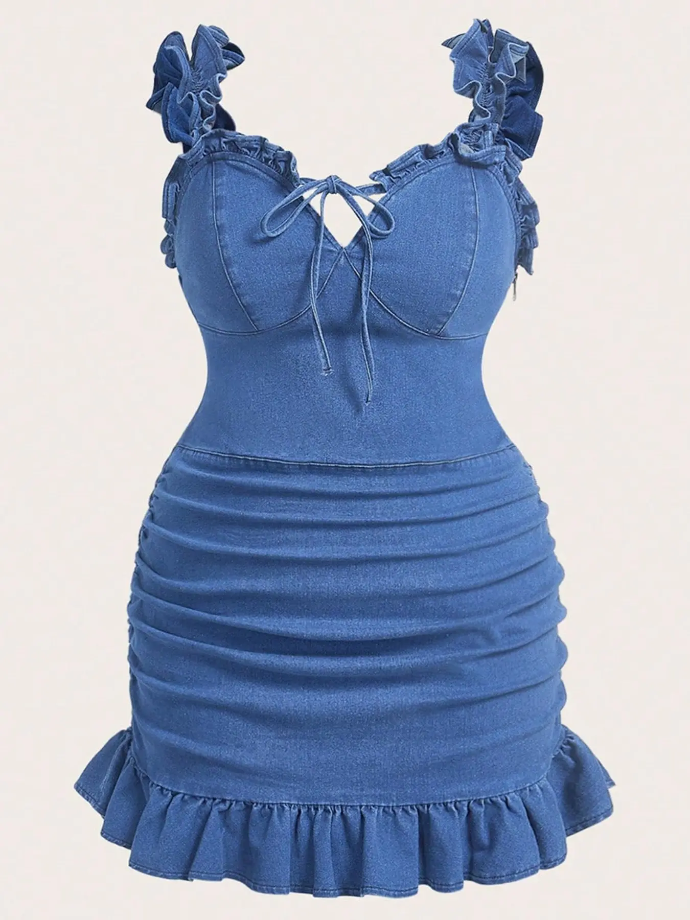 Plus Size Ruched Hem Leaf Edge Tie Front Summer Bodycon Ruffled Denim Dress for Women, Fashion Casual Sleeveless Short Skirt, Trendy, Chic and Comfortable