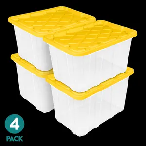 Large Storage Bin, 27 Gallon Durable Plastic Storage Tote with Snap-On Lid, Black and Yellow, 4 Pack