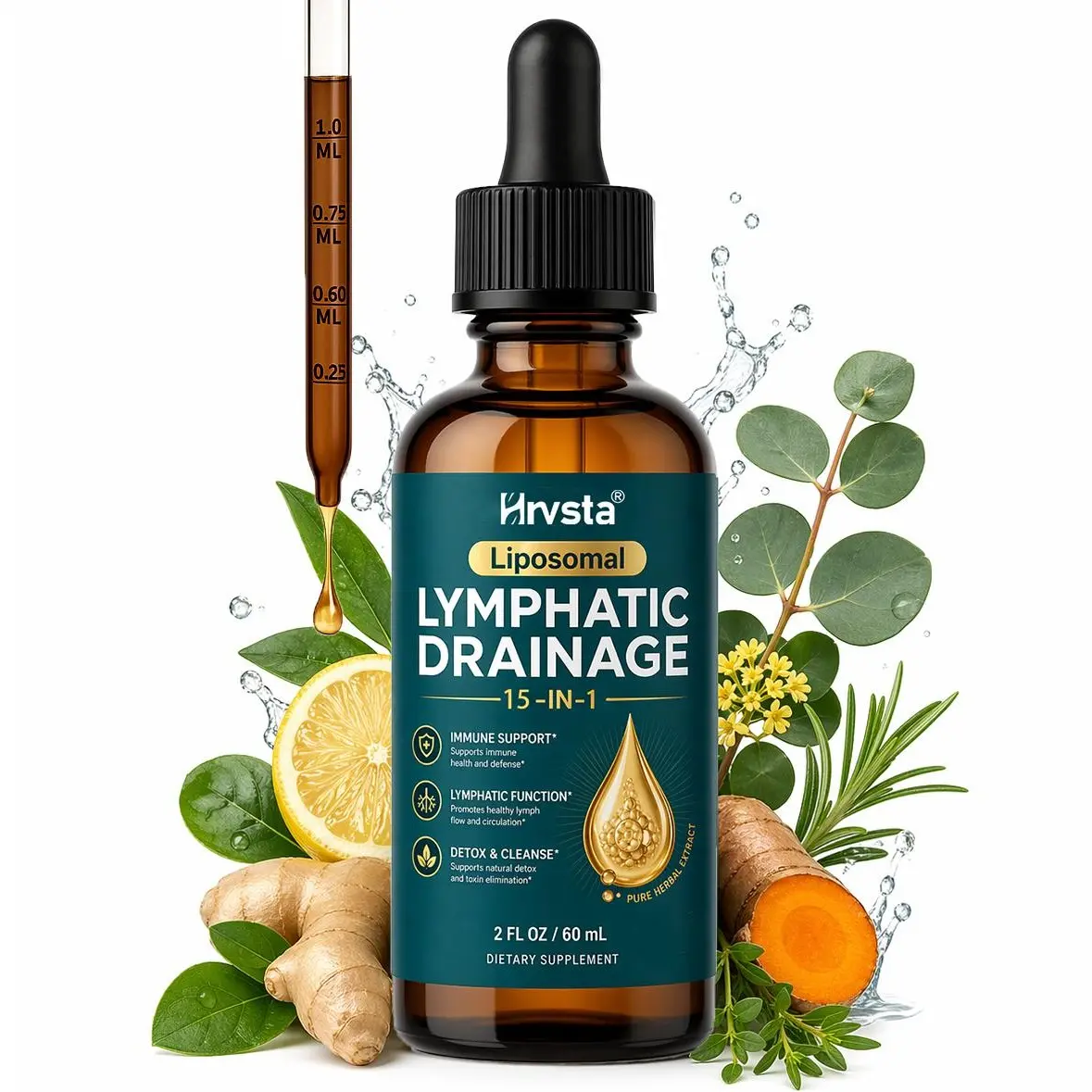 15-in-1 Liposomal Lymphatic Drainage Support — Organic Liquid Dietary Supplement (with Burdock Root, Echinacea, Elderberry, Calendula, and Cleavers) — Promotes Lymphatic Health — 2 fl oz