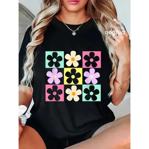 Cotton Unisex Cute Flower Pattern Retro Groovy daisy flower 70s T-Shirt Casual Top