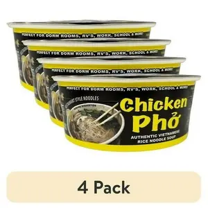 (4 pack) Pholicious instant chicken pho, Vietnamese rice noodle soup, single serve 3.6 ounce bowls, Ramen alternative & fresh ingredients, as seen on Shark Tank