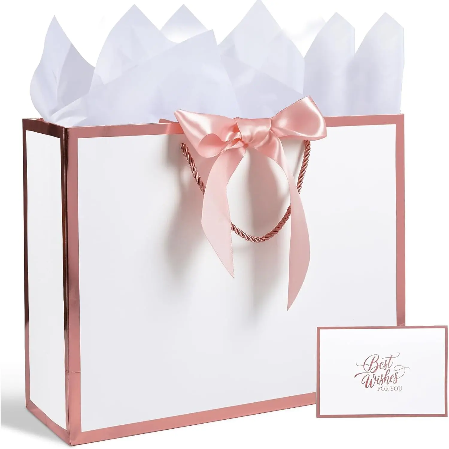 Rose White  Bag with Ribbon, 13" Large  Bag with Handle, Greeting Card & 2 Tissue Paper(Rose  Foil Frame) for Birthdays, Weddings, Bridal Showers, Engagements, Any Occasion, Elegant Gift Box, Gift Decoration