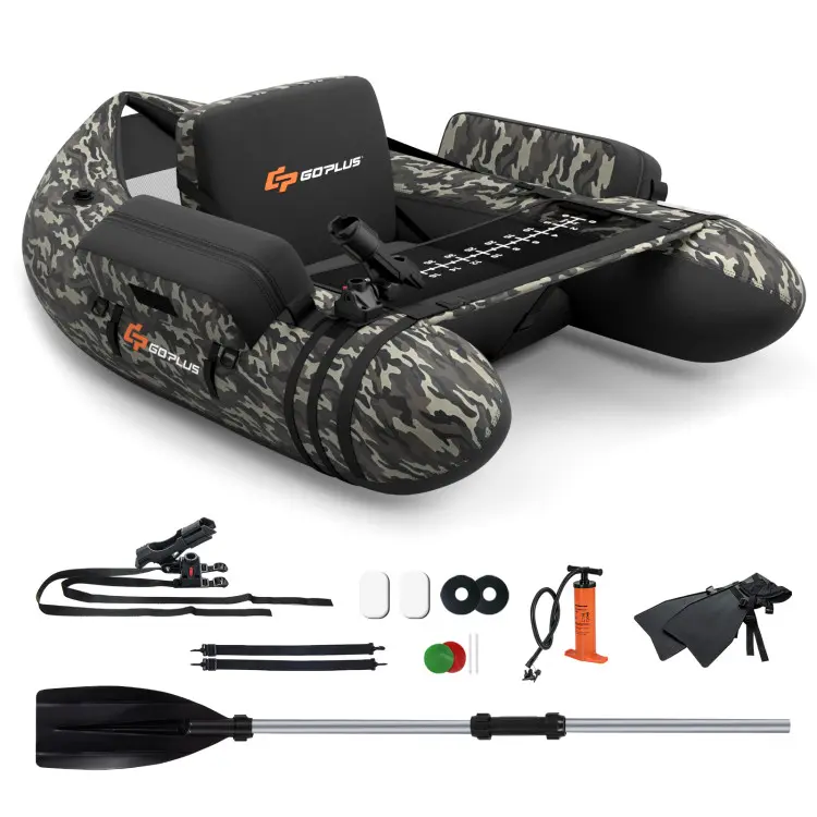 COSTWAY Inflatable Float Tube, Fishing Belly Boat with Fish Ruler, Pump, Storage Bag, Adjustable Straps, Fishing Float Tube for Angling, 350LBS Load Capacity