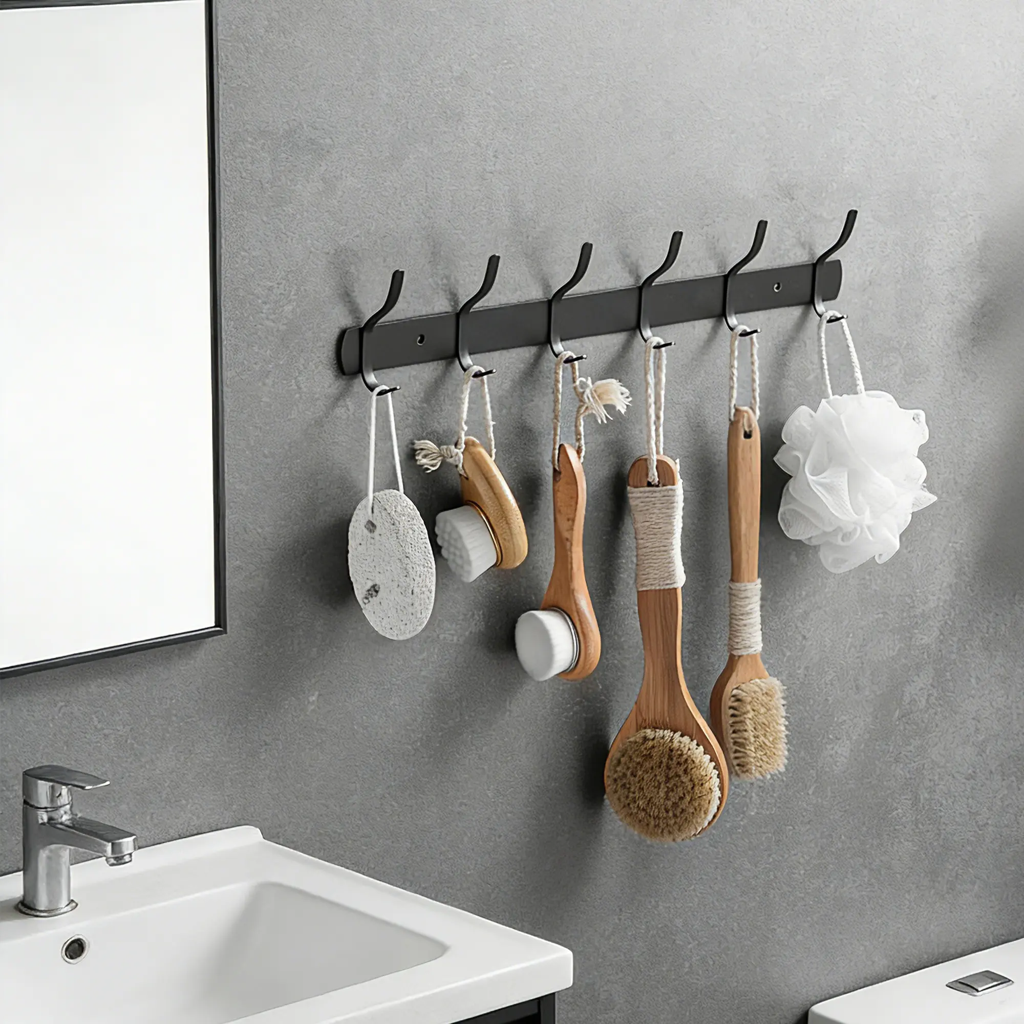 Matte Black No-Drill Adhesive Wall Coat Rack, Heavy-Duty Metal Organizer with 7 Dual Hooks, Waterproof Holder for Bathroom, Entryway (for Coats, Hats, Bags, Towels)