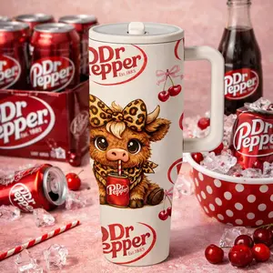 1pc 40oz Insulated Tumbler with Handle, Cow Drinking Soda Graphic Travel Mug, Stainless Steel Tumbler with Lid and Straw, Stainless Steel Thermos, Vacuum Insulated Hot Cold Cup for Coffee Tea Water, Birthday Gift Idea, Daily Use Drinkware