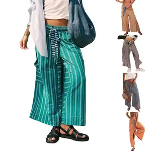 Women’s drawstring striped pants, loose wide-leg casual pants, pocketed casual pants, lightweight polyester women’s apparel GARMENTARY