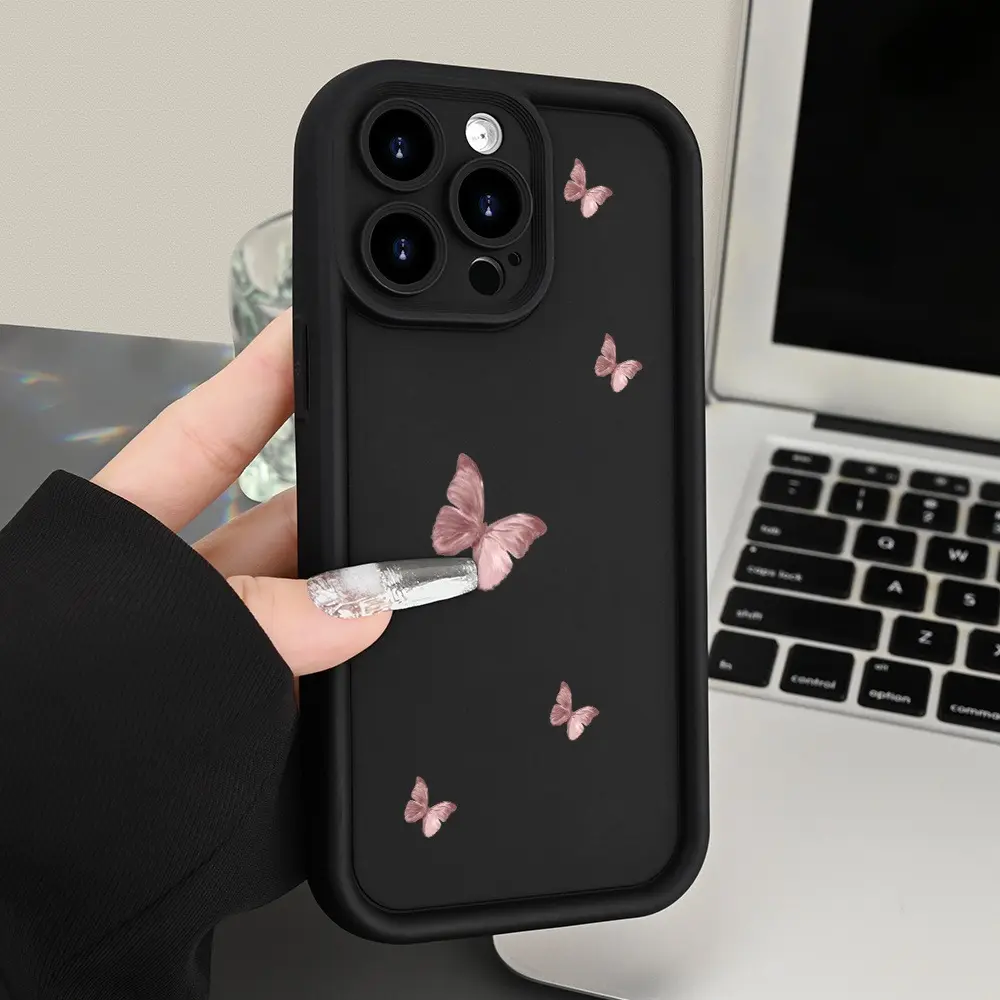 Pink Butterfly Pattern High Bamboo Black Shockproof Phone Case Compatible with Phone 11 12 13 14 15 16 XS XR X 7 8 12 13 Mini Plus Pro Max SE Series Perfect Gift for Girlfriend Boyfriend Friends or Yourself Shockproof Case Smartphone Case