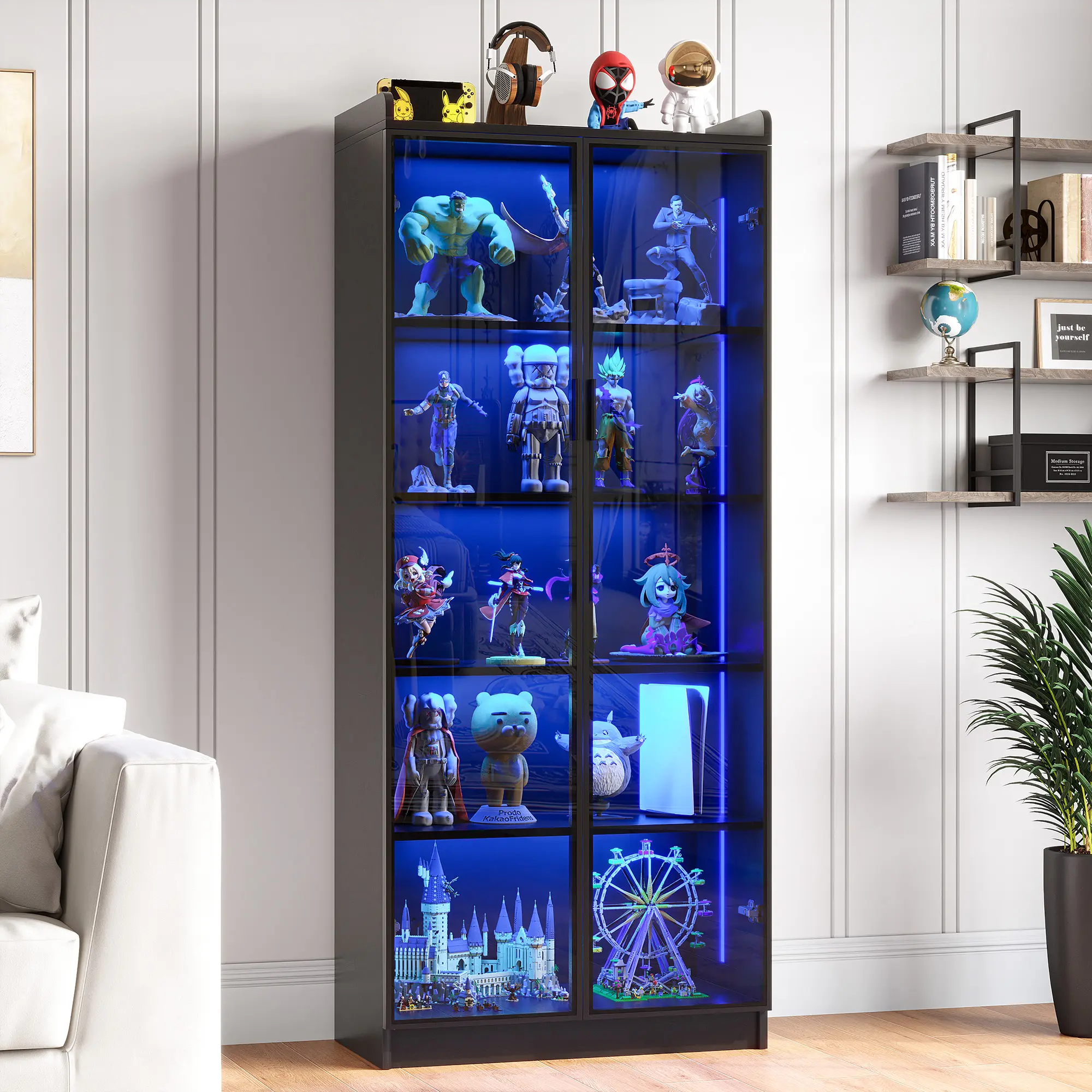Dystler Modern Storage Cabinet, 65" Tall 5-Tier Multi Layer Wall Cabinet with Adjustable Shelves, LED Lights & Human Sensor, Transparent Acrylic Doors for Collectibles Living Room Office, Black, Multi Layer Cabinet