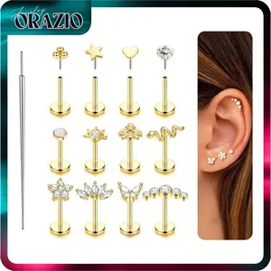 ORAZIO Push-in Stud Earrings 14K Gold Plated 316L Surgical Steel Hypoallergenic 20G 18G Flat Back Multi-Pack for Cartilage Helix Tragus Nose Piercing Jewelry Women