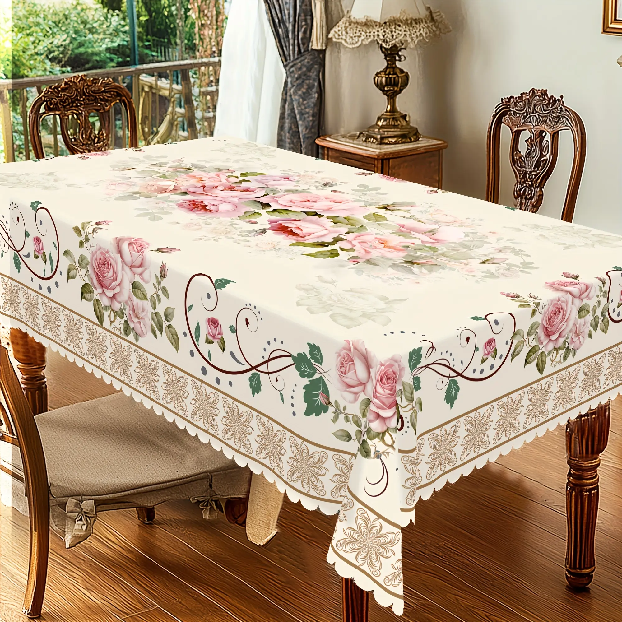 1pc Romantic Vintage Rose Pattern Tablecloth - French Elegant Floral Print, Round/Rectangular Options, Home Kitchen Cover, Indoor/Outdoor Use, Home Decoration, Ideal for Mother's Day, Wedding