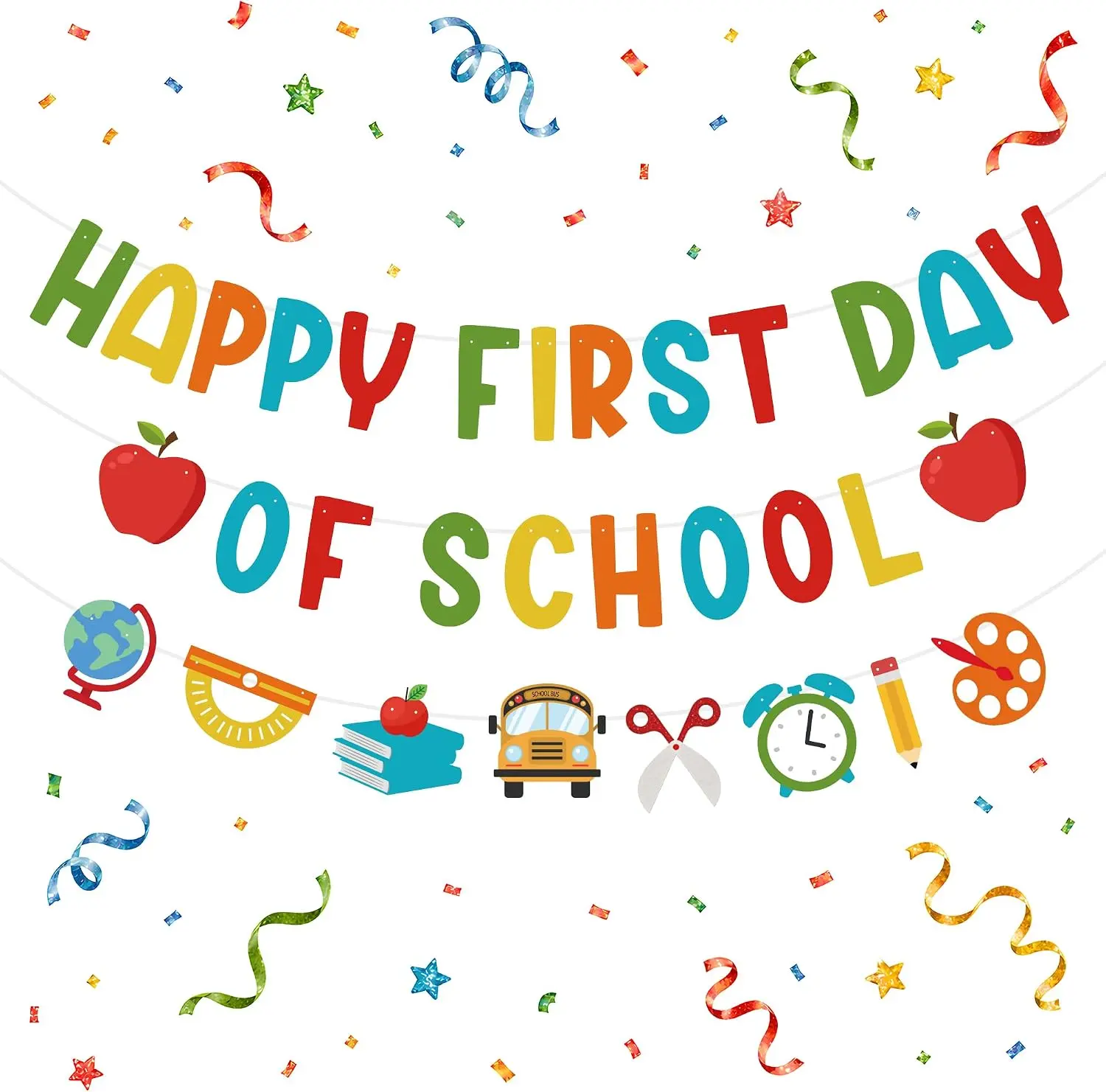 Back to School Banner Sign Decor - Happy First Day Garland Backdrop, Indoor-Outdoor Hanging Classroom Party Supplies, Festive Home & Party Favors