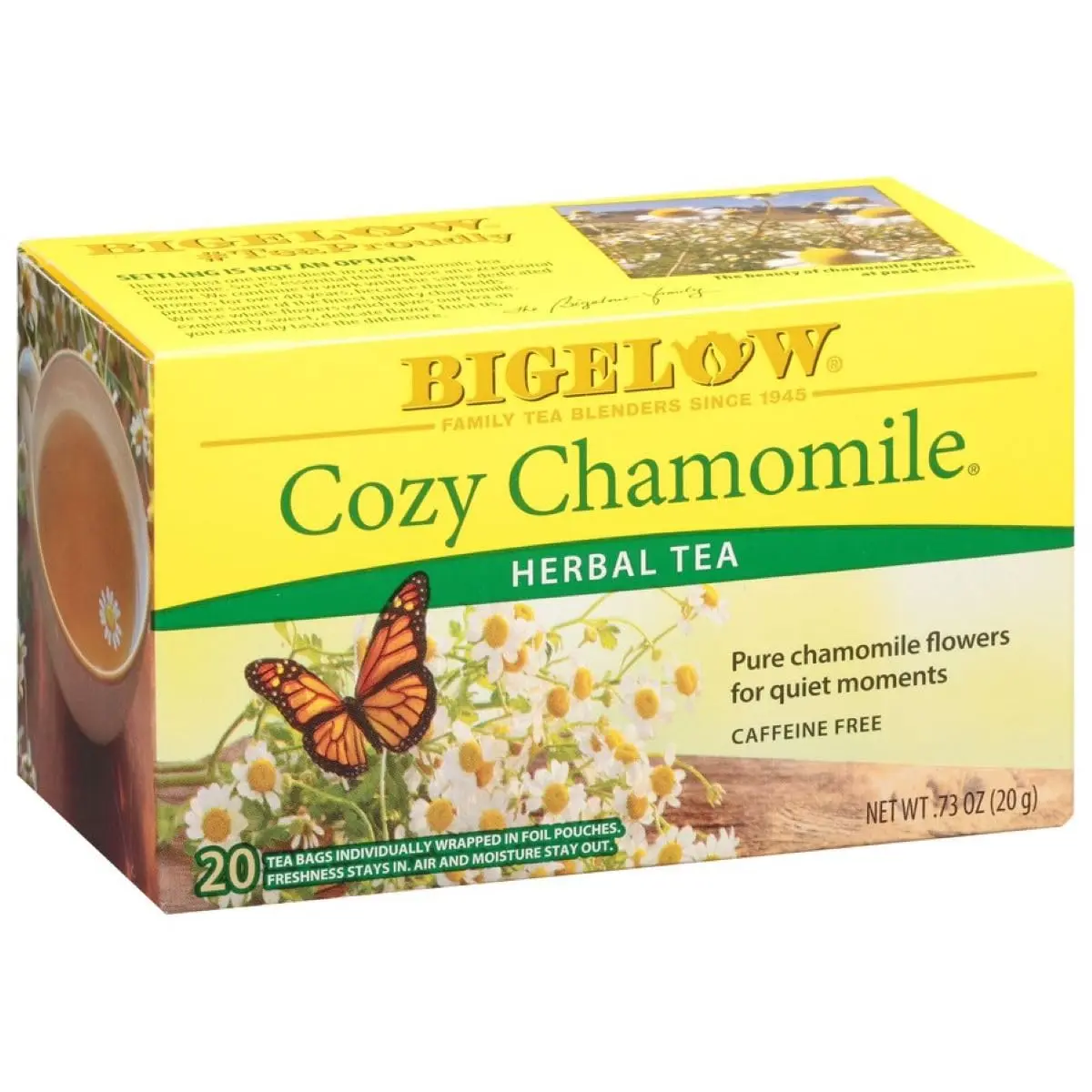 Bigelow Cozy Chamomile Herbal Tea Caffeine Free 20 Count Tea Bags Individually Wrapped Pure Chamomile Flowers for Quiet Moments