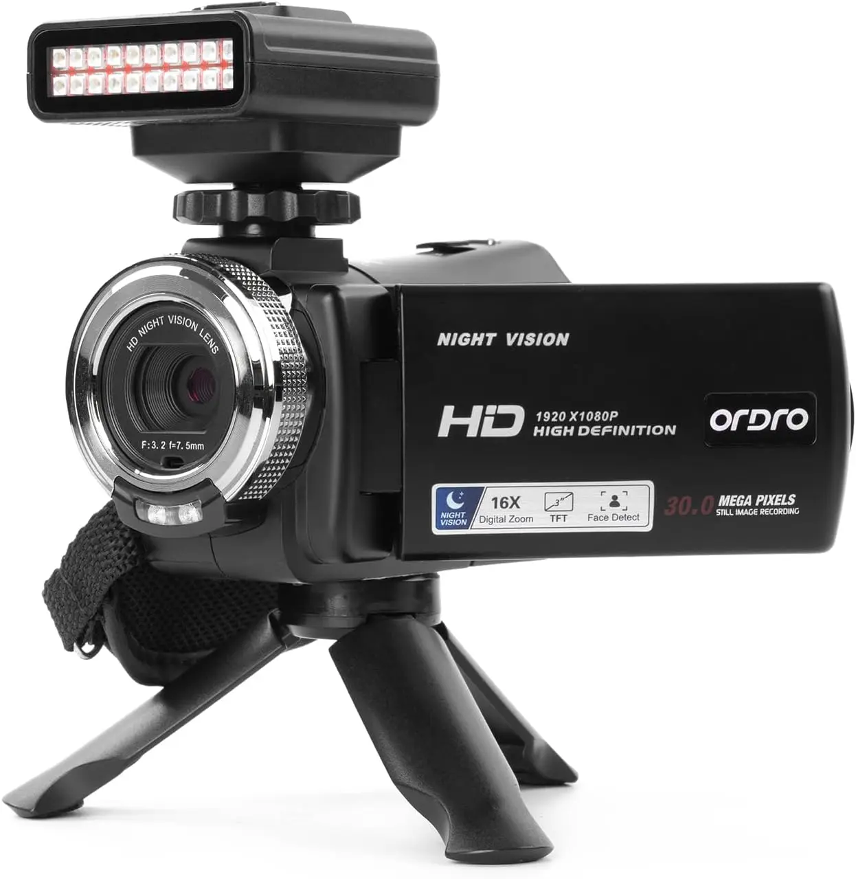 ORDRO HDV-V12 Video Camera Full HD Camcorder Digital Recorder | 1080P 30FPS 30MP | 3.0 Inch Rotation LCD | 16X Digital Zoom | Infrared Night Vision - Black (V12+LN-3 IR Light) Vintage Portable with