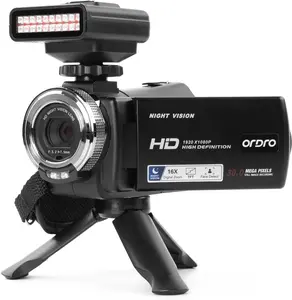 ORDRO HDV-V12 Video Camera Full HD Camcorder Digital Recorder | 1080P 30FPS 30MP | 3.0 Inch Rotation LCD | 16X Digital Zoom | Infrared Night Vision - Black (V12+LN-3 IR Light) Vintage Portable with