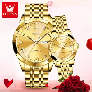 OLEVS Valentines Couple Pair Quartz Watches Luminous Calendar Date Window 3ATM Waterproof, Casual Stainless Steel His and Hers Wristwatch for Men Women Lovers Wedding Romantic Gifts Set of 2