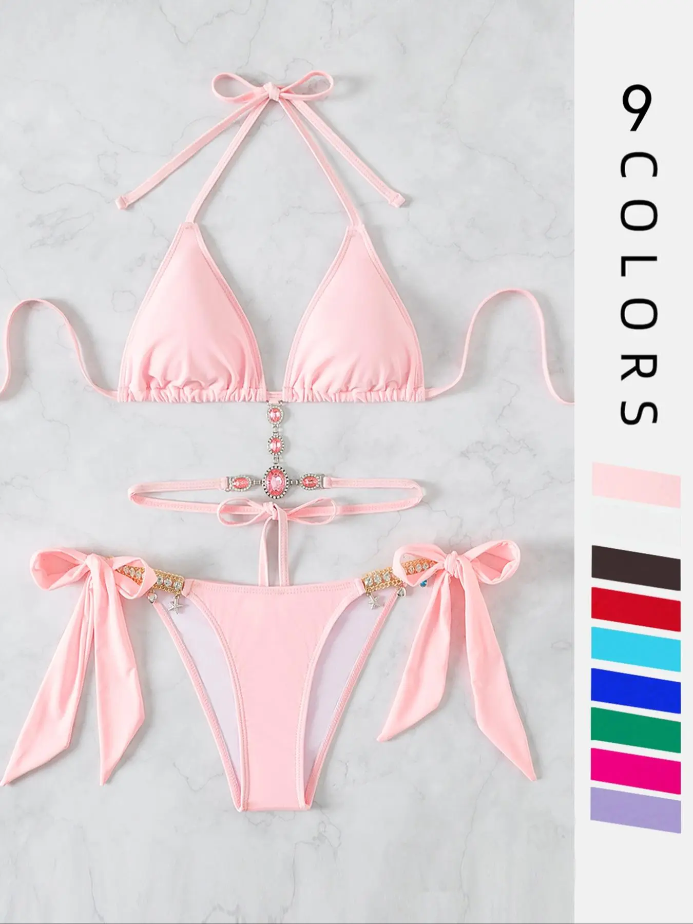 Women's Halter Tie Back Triangle Bra & Ring Linked Panty Bikini Set, Sexy Trendy Summer Swimsuit Set, Ladies Swimwear Rave Outfits