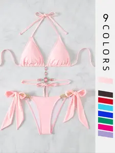 Women's Halter Tie Back Triangle Bra & Ring Linked Panty Bikini Set, Sexy Trendy Summer Swimsuit Set, Ladies Swimwear Rave Outfits, Tie Back Bikinis, Halter String Bikini